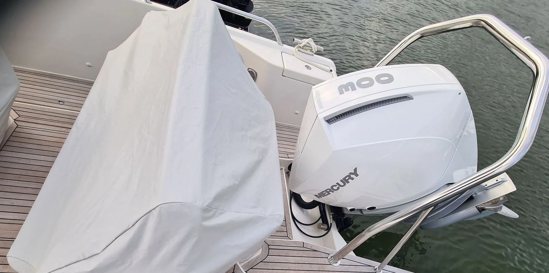 Mercury outboard motor mounted on boat transom at floating dock in St. Petersburg.