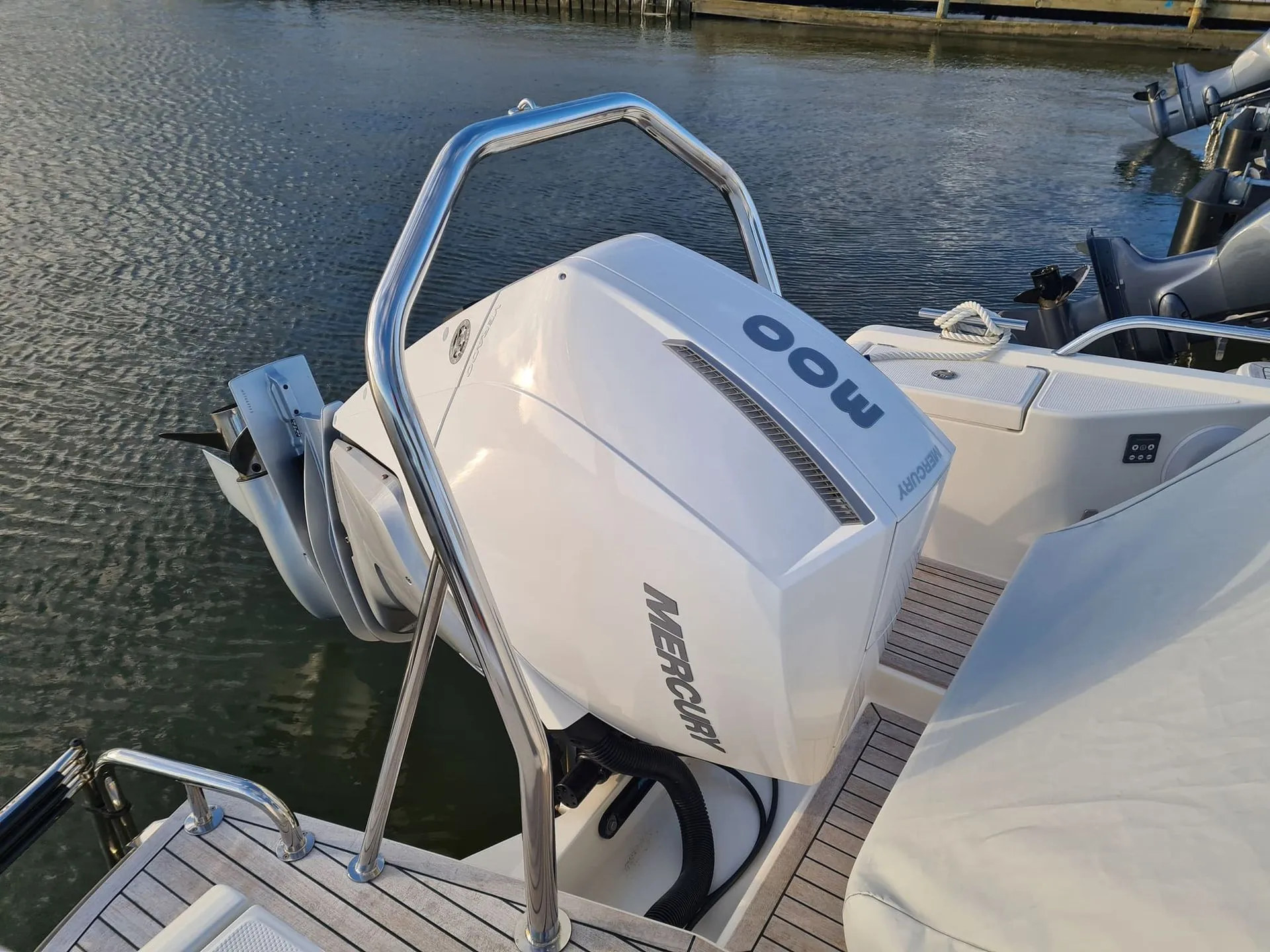 Outboard motor mounted on recreational fishing boat transom at St. Petersburg waterfront dock.