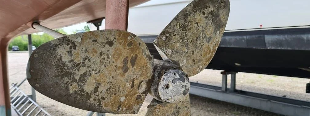 Corroded boat propeller with heavy marine growth and barnacle buildup on transom.